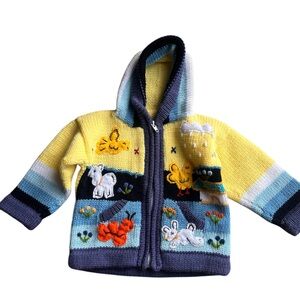 Baby Alpaca Peruvian zip up hooded cardigan knit sweater with animals 0-6 months